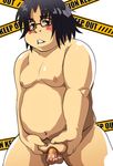  1boy black_hair blush caution_tape censored chubby fat fat_man glasses highschool_of_the_dead hirano_kohta male male_focus nipples nude penis plump 