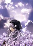  absurdres boku_to_kanojo_ni_furu_yoru cloud flower hat highres iris_maria_herbust long_hair looking_back misaki_kurehito silver_hair sky solo tears 