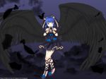  ankle_lace-up arin bingsang black_wings blue_hair breasts cloud cross-laced_footwear dress feathers flying gloves hands_clasped long_hair medium_breasts own_hands_together pangya purple_eyes shoes sky smile solo veil wings 