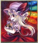  bad_id bad_pixiv_id blonde_hair border chibi fang flandre_scarlet hat kagami_leo red_eyes severed_head shikishi side_ponytail solo stuffed_animal stuffed_toy touhou traditional_media wings 