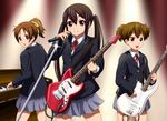  bass_guitar black_hair brown_eyes brown_hair diesel-turbo electric_guitar guitar hirasawa_ui instrument k-on! long_hair md5_mismatch microphone microphone_stand multiple_girls nakano_azusa piano ponytail school_uniform short_hair suzuki_jun twintails 