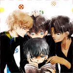  black_eyes black_hair blonde_hair blue_eyes book brown_hair creator_connection crossover dark_skin dark_skinned_male grey_eyes hakuba_saguru hattori_heiji kudou_shin'ichi kuroba_kaito magic_kaito male_focus meitantei_conan multiple_boys nail_polish necktie pointing reading red_eyes simple_background smile sweatdrop tennen_hz 