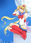  back_bow bishoujo_senshi_sailor_moon blonde_hair blue_eyes blue_sailor_collar boots bow choker double_bun elbow_gloves full_moon gloves heart heart_choker highres knee_boots long_hair magical_girl moon multicolored multicolored_clothes multicolored_skirt nakari_sai red_bow sailor_collar sailor_moon sailor_senshi_uniform sitting skirt solo super_sailor_moon tiara tsukino_usagi twintails white_gloves yellow_choker 