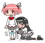  akemi_homura black_hair black_legwear blush camera chibi gbb_(cbgb) grin hair_ribbon hairband kaname_madoka kneeling long_hair mahou_shoujo_madoka_magica mitakihara_school_uniform multiple_girls panties panty_pull pantyhose pink_hair plaid red_eyes ribbon school_uniform shield short_hair short_twintails skirt smile striped striped_panties thighhighs time_stop twintails underwear white_legwear yuri zettai_ryouiki 