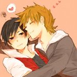  bad_id bad_pixiv_id black_eyes black_hair blush brown_hair closed_eyes heart hug lowres male_focus multiple_boys one_(brs) ookido_green pokemon red_(pokemon) yaoi 