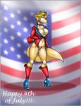  american_flag arturo_juarez blonde_hair boots breasts canine cleavage clothed clothing female flag fox hair hat mammal skimpy solo thong 