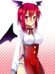  alternate_costume bad_id bad_pixiv_id bat_wings blush breasts fang garters haine_(howling) head_wings highres impossible_clothes impossible_shirt koakuma light_smile medium_breasts red_eyes red_hair shirt short_hair side_slit sidelocks solo sparkle touhou wings 