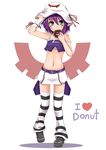  doughnut eating engrish food green_eyes hat merry_nightmare midriff mint_(cerbi) navel pointy_ears purple_hair ranguage ribbon short_hair skirt solo strap_slip striped striped_legwear thighhighs yumekui_merry zettai_ryouiki 