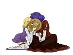  blonde_hair couple covering_face hat hat_removed headwear_removed kneeling mabui moriya_suwako multiple_girls purple_hair short_hair simple_background sitting thighhighs touhou white_legwear yasaka_kanako yuri 