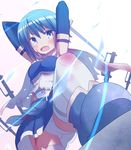  arms_up blood blood_on_face blue_eyes blue_hair cape foreshortening from_below fudama magical_girl mahou_shoujo_madoka_magica miki_sayaka open_mouth panties shoes short_hair skirt solo sword tears thighhighs underwear upskirt weapon white_legwear white_panties 