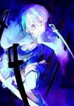  blue blue_eyes blue_hair cape mahou_shoujo_madoka_magica miki_sayaka short_hair skirt solo soto sword tears thighhighs weapon zettai_ryouiki 