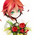 bouquet close-up flower green_eyes inazuma_eleven inazuma_eleven_(series) inpells kiyama_hiroto male_focus petals red_flower red_hair red_rose rose simple_background smile solo vest white_background 