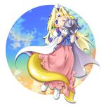  blonde_hair blue_eyes bow cape chiyo_(195815) cloud dress filia_ul_copt full_body gloves hat long_hair lowres mace one_eye_closed pink_bow ribbon shoes sky slayers slayers_try smile solo spiked_mace tail tail_bow tiara weapon 