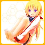  bad_id bad_pixiv_id barefoot blonde_hair charlotte_dunois feet hands_clasped hands_under_legs infinite_stratos legs long_hair mochizuki_mina open_mouth own_hands_together ponytail purple_eyes smile solo 