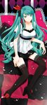  aqua_hair checkered green_eyes hatsune_miku lace lace-trimmed_thighhighs long_hair pillow skirt smile solo thighhighs twintails very_long_hair vocaloid world_is_mine_(vocaloid) yaho_(yaho0211) 