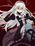  ahiru777 bad_id bad_pixiv_id detached_sleeves dress evil_smile gothic_lolita hairband katrina_elesius lolita_fashion long_hair looking_at_viewer pantyhose red_background ribbon sidelocks smile white_hair wild_arms wild_arms_xf yellow_eyes 