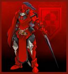  full_armor gauntlets greaves helmet knight no_humans parata pixiv_fantasia pixiv_fantasia_5 red sheath solo sword tabard weapon 