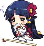  bare_shoulders blush breasts bright_pupils chibi cleavage covering_mouth criminal_girls fan flower folding_fan full_body hair_ornament ichihaya large_breasts long_hair no_shoes official_art paper_fan sitting solo striped thighhighs tomoe_(criminal_girls) very_long_hair weapon white_legwear 