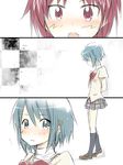  blue_eyes blue_hair blush comic fang hana_azuki mahou_shoujo_madoka_magica miki_sayaka mitakihara_school_uniform multiple_girls red_eyes red_hair sakura_kyouko school_uniform short_hair 