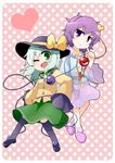  absurdres black_legwear eyeball green_eyes green_hair hat highres kari_(karinimooreha) komeiji_koishi komeiji_satori multiple_girls one_eye_closed open_mouth purple_eyes purple_hair siblings sisters sleeves_past_wrists smile thighhighs third_eye touhou 