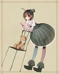  bad_id bad_pixiv_id black_hair blue_legwear blush boots chair dress hands_together hat highres leaning mikuri_yoru mini_hat mini_top_hat mismatched_legwear original own_hands_together pantyhose pink_legwear polka_dot polka_dot_legwear red_eyes see-through short_hair smile solo stuffed_animal stuffed_toy teddy_bear top_hat 