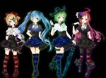  ahoge aqua_eyes aqua_hair blonde_hair blue_legwear boots dress garters green_eyes green_hair gumi hair_ornament hairclip hand_on_hip hatsune_miku kagamine_rin long_hair mary_janes multiple_girls one_eye_closed pink_legwear red_eyes red_hair sf-a2_miki shoes short_hair striped striped_legwear thighhighs twintails umbrella very_long_hair vocaloid wristband yoitsukishin 