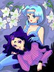  bad_id bad_pixiv_id beruche_(sailor_moon) bishoujo_senshi_sailor_moon black_hair black_moon_clan blue_hair blue_legwear braid choker earrings facial_mark flower forehead_mark gloves hair_over_shoulder jewelry koan_(sailor_moon) lily_(flower) long_hair lying moon multiple_girls nrets purple_eyes serious thighhighs 