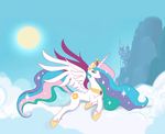  castle cloud clouds crown equine female feral friendship_is_magic hair horn horns mammal multi-colored_hair my_little_pony pegacorn princess_celestia_(mlp) purple_eyes rainbow_hair sky solo sun unknown_artist winged_unicorn wings 