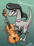  black_hair bow_tie cat_eyes cello cutie_mark dinosaur female feral friendship_is_magic hair john_joseco looking_at_viewer musical_instrument my_little_pony octavia_(mlp) plain_background purple_eyes raptor scalie slit_pupils solo 