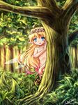  ahoge apple basket blonde_hair blue_eyes d-ka-satellite fairy flower food forest fruit head_wreath hiding highres long_hair nature nude original solo tree very_long_hair wings 