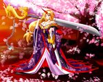  blonde_hair cherry_blossoms error highres horn hoshiguma_yuugi huge_weapon japanese_clothes katana kimono long_hair red_eyes solo sword touhou untsue weapon 