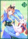  :d alice_(wonderland) alice_in_wonderland blonde_hair blue_eyes bow bunny checkered clover hair_bow highres japanese_clothes kimono long_hair matsukawa_(pale_scarlet) new_year open_mouth smile spade_(shape) white_rabbit 