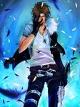  bad_id bad_pixiv_id belt black_gloves blue_eyes brown_hair eni_(yoyogieni) final_fantasy final_fantasy_viii fur_trim gloves gunblade hand_on_own_face jacket jewelry male_focus necklace scar shirt solo squall_leonhart t-shirt weapon 