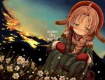  ahoge animal_ears belt blush braid brown_hair cloud daffodil flower frown grass green_eyes hair_over_shoulder hat icemissile long_hair looking_at_viewer mariel_(wild_arms) sad sky solo squatting tears twintails wild_arms wild_arms_1 