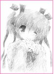  bad_id bad_pixiv_id border greyscale kamikita_komari little_busters! monochrome one_eye_closed pink_border school_uniform short_hair sketch solo spot_color yamabuki_merou 