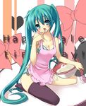  apron aqua_eyes aqua_hair bad_id bad_pixiv_id blush bowl bra breasts cleavage finger_licking fujino_mega happy_valentine hatsune_miku licking lingerie long_hair medium_breasts panties single_thighhigh sitting solo strap_slip thighhighs tongue twintails underwear valentine very_long_hair vocaloid 