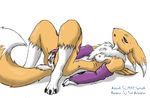  2002 anus blue_eyes breasts canine chest_tuft digimon elbow_gloves female fingering fox hiroi_kairu masturbation on_back pussy renamon solo tail yellow 