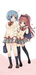  blue_hair highres lmo long_hair mahou_shoujo_madoka_magica miki_sayaka mitakihara_school_uniform multiple_girls ponytail puffy_sleeves red_eyes sakura_kyouko school_uniform short_hair thighhighs 