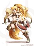  absurdres animal_ears arrow bare_shoulders belt blonde_hair boots bow_(weapon) breasts cape dagger fingerless_gloves flat_chest fox_ears fox_tail gloves highres leg_lift long_hair medium_breasts midriff navel original ponytail puretails red_eyes simple_background solo tail tattoo test_tube underboob weapon 