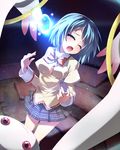  :3 blue_eyes blue_hair blush crystal dark glowing grune highres kyubey mahou_shoujo_madoka_magica miki_sayaka mitakihara_school_uniform one_eye_closed open_mouth pink_eyes school_uniform short_hair soul_gem 