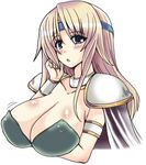  :o adjusting_hair armband armor bangs blonde_hair blue_eyes blush body_blush bouncing_breasts breasts cape celes_chere choker cleavage final_fantasy final_fantasy_vi huge_breasts long_hair open_mouth parted_bangs shoulder_pads simple_background solo upper_body wristband yasakani_an 