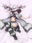  green_eyes hat lying merry_nightmare midriff navel purple_hair ribbon short_hair solo striped striped_legwear suzuki_(pixiv1277943) thighhighs yumekui_merry 