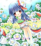  bare_legs blue_hair flower hair_flower hair_ornament hieda_no_akyuu marker_(medium) red_eyes sakurai_tamako sample scroll solo touhou traditional_media wide_sleeves 