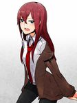  blue_eyes blush brown_hair jacket jin_(crocus) legwear_under_shorts long_hair makise_kurisu necktie open_mouth pantyhose red_neckwear shorts solo steins;gate 