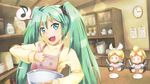  2girls apron clock cooking eighth_note fork green_eyes green_hair hair_ribbon hatsune_miku kagamine_len kagamine_rin long_hair mixing_bowl multiple_girls musical_note o_o open_mouth riai_(onsen) ribbon saliva speech_bubble spoken_musical_note sweater twintails vocaloid whisk 