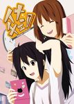  alternate_hairstyle black_hair brown_eyes brown_hair casual closed_eyes hair_brush hirasawa_yui k-on! long_hair messy_hair mirror multiple_girls nakano_azusa short_hair twintails zasshu_tamashii 