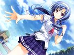  blue_hair clouds game_cg kourin_no_machi_lavender_no_shoujo purple_eyes sawamura_akina seifuku sky twintails yuuki_hagure 