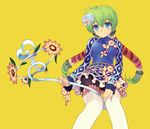  ahoge bad_id bad_pixiv_id blue_eyes flower green_hair hair_flower hair_ornament long_hair nail_polish ninomoto original pantyhose print_legwear solo twintails wand white_legwear yellow_background 