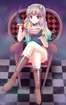  boots bowl chair crossed_legs gloves hairband idolmaster idolmaster_(classic) long_hair perspective red_eyes ryusei2u shijou_takane silver_hair sitting solo 