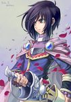  ahoge black_eyes black_hair cape choker coat earrings frills frown highres jewelry leon_magnus male_focus petals pink_cape scabbard serious sheath simple_background solo sword tales_of_(series) tales_of_destiny unsheathing weapon yaki-mikan 